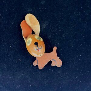 Vintage Wooden Funny Dog Pin Brooch with Floppy Leather Ears Moveable Head